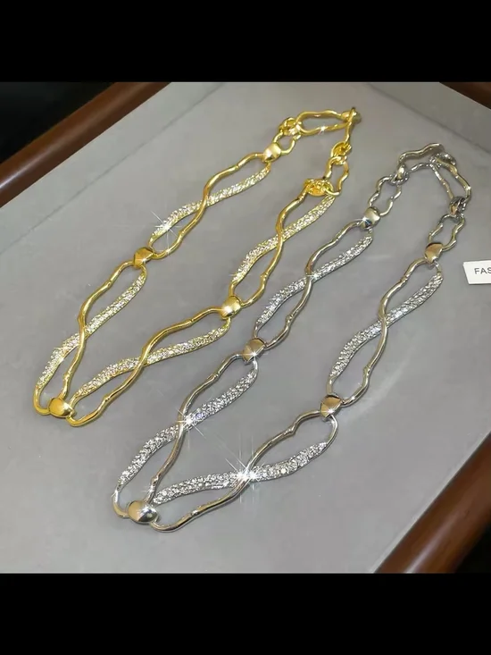 Gold and Silver Twisted Pavé Link Necklace - Picture 5 of 6